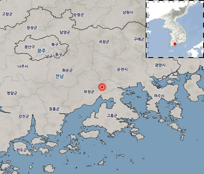 8일 오후 12시 18분께 전남 보성군 동북동쪽 17㎞ 지점에서 규모 2.8의 지진이 감지됐다. [출처=기상청]