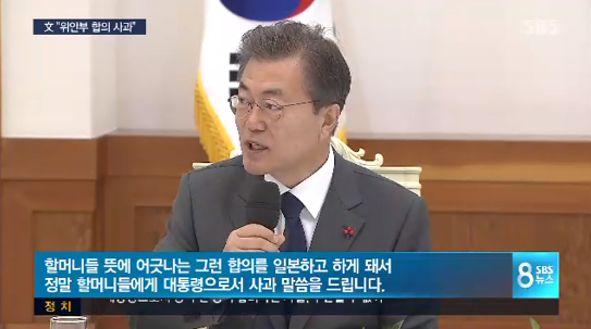 박근혜 정부의 한일 위안부 합의에 관해 문재인 대통령이 피해자들에게 대통령으로서 사과했다.