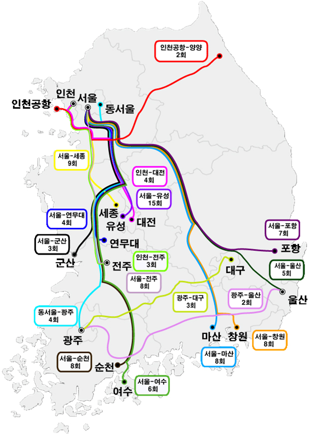 프리미엄 고속버스 추가·확대 운행횟수 노선도 (국토교통부 제공)