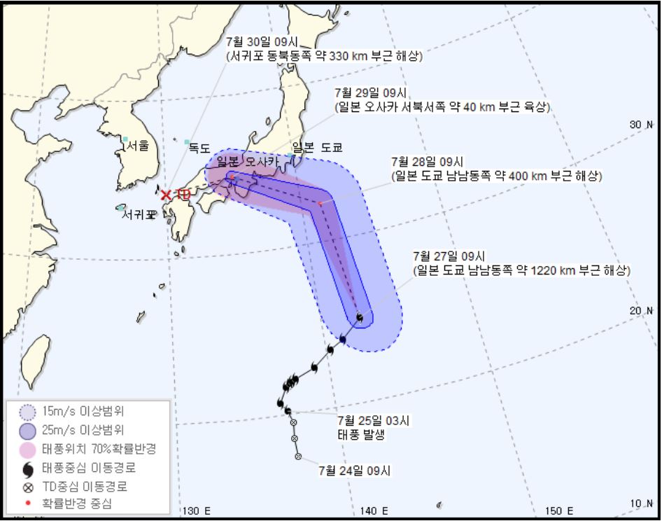 일본 오키나와 부근에서 북진 중인 태풍 '종다리'. (기상청 제공) 2018.7.27/그린포스트코리아