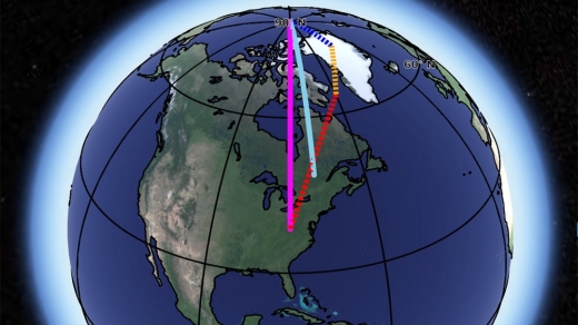 지구 자전축의 변화를 보여주는 사진. 분홍색 선은 자전축의 이동 방향을 보여주며 파란색은 그린란드 빙하 소실에 의한 변화, 오렌지색은 빙하기 후 지각 변화, 붉은색은 맨틀 대류에 의한 변화를 나타낸다.2018.10.1/그린포스트코리아