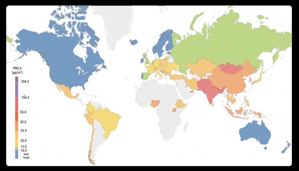 전 세계 초미세먼지 농도 지도. 세계 랭킹을 보면 3000여개의 도시 중 상위 100을 차지하는 도시의 대부분이 아시아 지역에 있다. 회색으로 표시된 아프리카 및 남미 지역은 대기질 측정 데이터 정보가 부족한 지역이다. (사진 출처 에어비주얼)