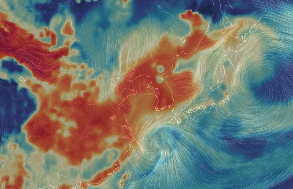 한반도와 중국 동부 지역을 중심으로 고농도 미세먼지가 기승을 부리고 있다. 붉은색으로 표시된 곳은 미세먼지 농도 150㎍ 이상(매우나쁨)인 지역이다. (어스너스쿨 제공)