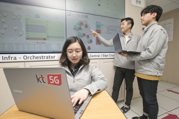 KT는 5G 서비스 제공을 위해 한국 최초로 전국 주요 8개 도시에 ‘5G 에지(Edge) 통신센터’ 구축을 완료했다고 6일 밝힌 바 있다. KT직원들이 ‘5G 에지 통신센터’에서 KT의 5G 네트워크를 점검하고 있다. (사진=KT 제공)