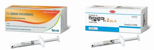 미국(왼쪽)과 한국에서 판매되는 히알루마 패키지 (한미약품 제공)