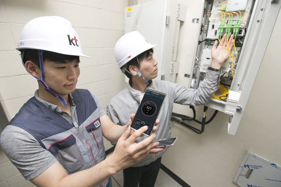 KT 네트워크 담당 직원이 SRT 수서역에서 5G 인빌딩 서비스 구축 현장을 점검하고 있다.(KT 제공) 2019.6.24/그린포스트코리아