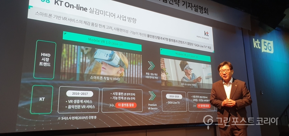 김훈배 KT 뉴미디어사업단장이 '수퍼 VR' 사업 계획을 설명하고 있다.(이재형 기자) 2019.7.1/그린포스트코리아