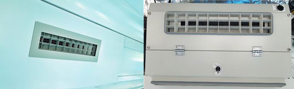 신형 전동차 공기질개선장치 외형(왼쪽)과 내부.(사진 서울시 제공)