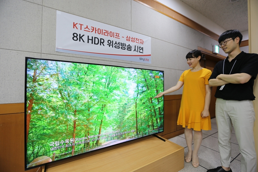 삼성전자와 KT스카이라이프 관계자가 8K 위성 방송을 2019년형 삼성 QLED 8K 82형을 통해 시청하고 있다.(삼성전자 제공) 2019.7.30/그린포스트코리아