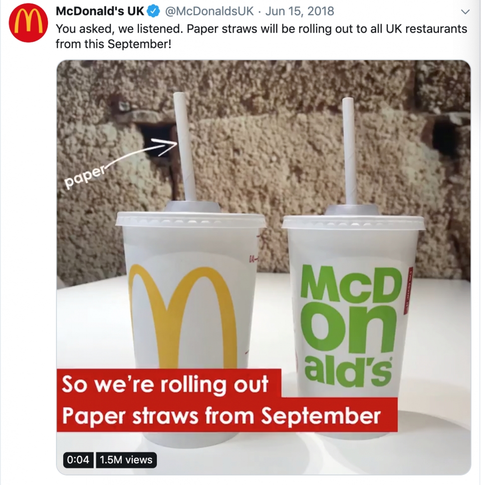 영국 맥도날드는 지난해 종이빨대를 도입했다. (영국 맥도날드 트위터 캡처) 2019.8.8/그린포스트코리아