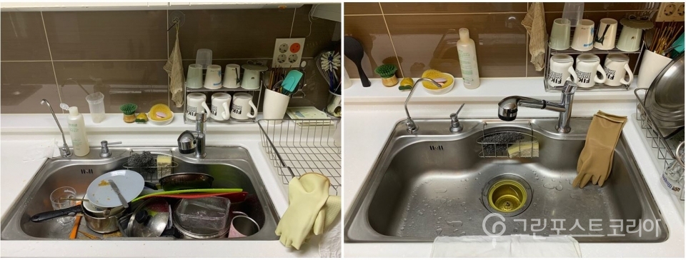 설거지거리로 가득했던 싱크대는 가사도우미 서비스를 받은 뒤 깔끔해졌다. (김형수 기자) 2019.8.31/그린포스트코리아