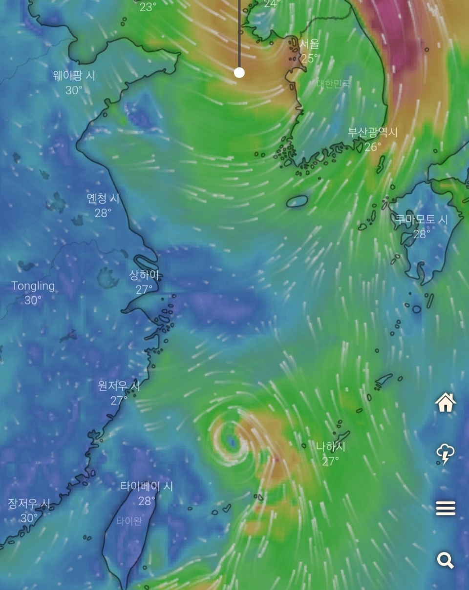 대만 타이베이 인근 해상에서 북상하고 있는 온대저기압 사진.(Windy 앱 화면 캡처) 2019.9.7/그린포스트코리아