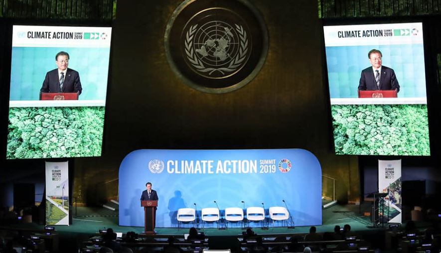 23일 뉴욕에서 열린 기후행동 정상회의에 참석한 문재인 대통령이 기조연설을 하고 있다. (사진 청와대) 2019.09.24/그린포스트코리아