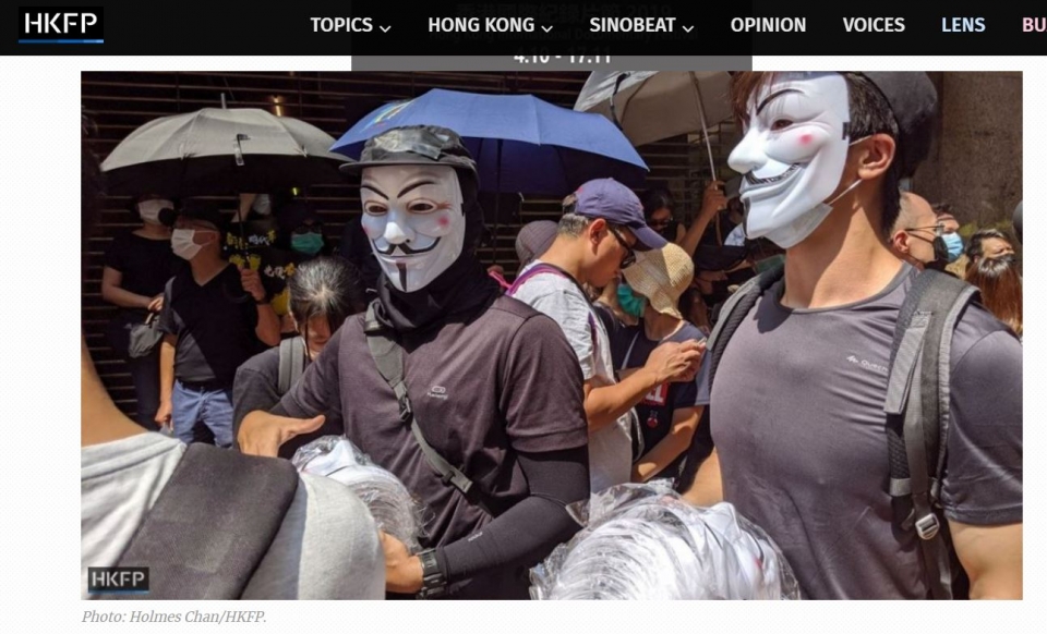 '가이 포크스'의 가면을 쓴 홍콩 시위대.(홍콩 화면 캡처) 2019.10.8/그린포스트코리아