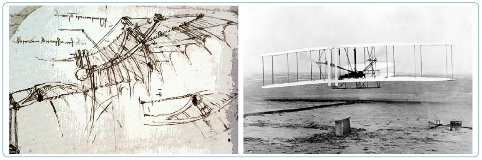 새를 모방한 레오나르도 다빈치 비행체 설계도(왼쪽, 1505∼1506년)와 라이트 형제 비행기(오른쪽, 1903년)