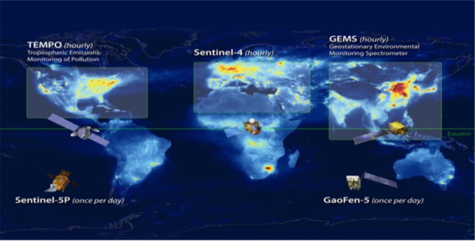한국·미국·유럽의 정지궤도 환경위성을 이용한 전 지구 대기오염물질 감시체계. (자료 국립환경과학원 제공)