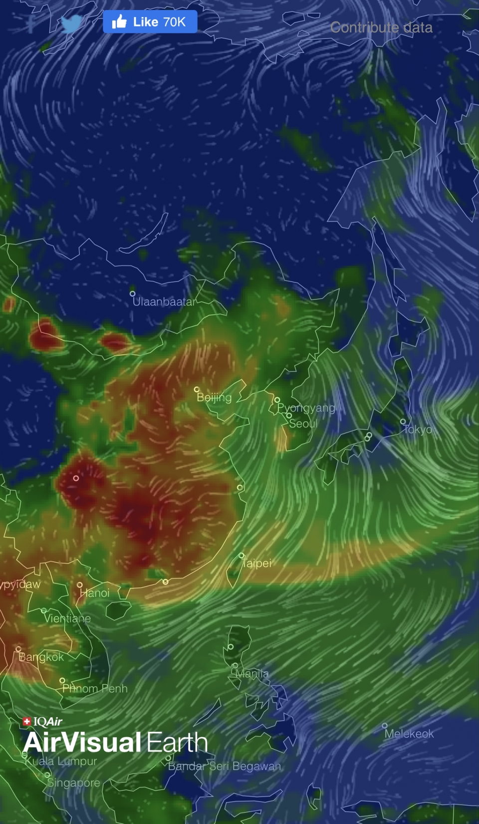 한국의 하늘이 아직은 맑지만 조만간 먼지가 다시 뒤덮을 확률도 높다. 사진은 2월 26일자 대기의 모습, 중국 상공의 먼지가 선명하게 보인다 (AirVisual Earth.com 캡쳐)/그린포스트코리아