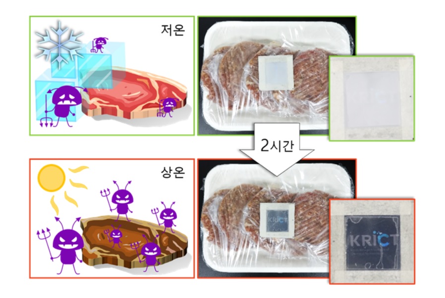 냉장고에서 꺼낸 햄버거 패티를 2시간 동안 상온에 두자 포장지에 부착된 콜드체인 안심 스티커에 이미지가 나타났다. (한국화학연구원 제공)/그린포스트코리아