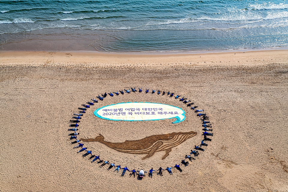 부산 해운대 해수욕장에서 그린피스 회원들이 고래 그림과 "예비 불법 어업국 대한민국 2020년 꼭 바다보호 해주세요"라고 적힌 배너를 큰 원으로 둘러싸고 있다. (사진 그린피스) 2019.10.30/그린포스트코리아