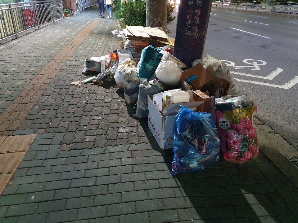 쓰레기 배출이 제대로 되고 있지 않은 서울 시내의 한 인도. (김동수 기자)/그린포스트코리아