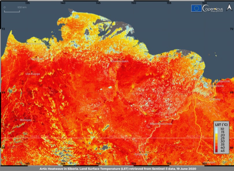 유럽연합(EU) 산하 코페르니쿠스기후변화서비스가 촬영한 사진에서 러시아 시베리아 지역의 지표면이 붉은색으로 표시돼 있다. (코페르니쿠스기후변화서비스 홈페이지 캡쳐)/그린포스트코리아
