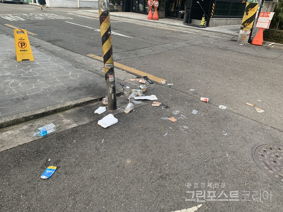 새해 첫 출근날 서울 마포구의 한 이면도로 위에 버려진 쓰레기들. (이한 기자 2021.1.3)/그린포스트코리아