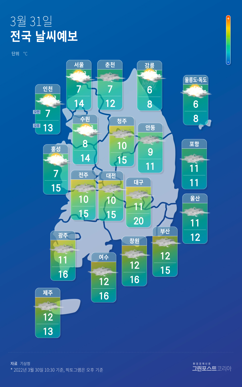 날씨] 전국 구름 많고 흐림...낮 최고기온 8~18도 < 날씨와 하늘 < 기후위기 < 기사본문 - 그린포스트코리아