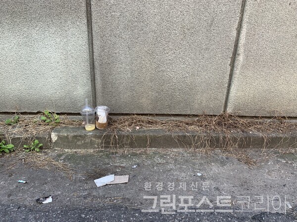 길 위에 함부로 버려진 1회용 플라스틱컵. 이 컵의 원래 주인은 양심도 없고 개념도 없다. (이한 기자 2022.4.2)/그린포스트코리아