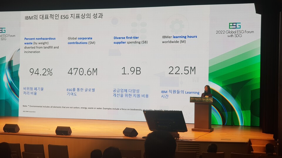 IBM의 ESG경영 전략과 성과를 소개한 김현정 한국IBM컨설팅부서 대표(사진 임호동 기자)/그린포스트코리아