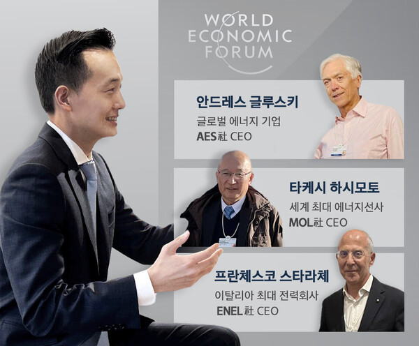 김동관 한화그룹 부회장(왼쪽)과 다보스포럼에서 만난 글로벌 에너지 CEO들.(사진=한화그룹)/그린포스트코리아