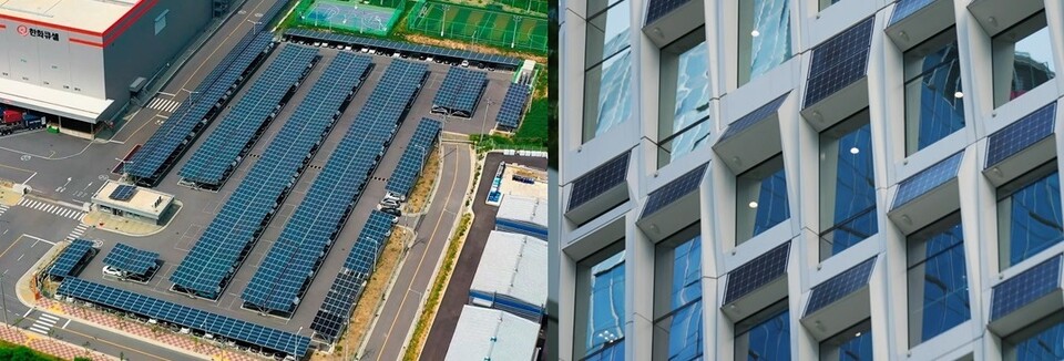 한화큐셀 진천공장 주차장(왼쪽)과 서울 장교동 한화빌딩(오른쪽)에 설치된 대표적 분산에너지 자원인 태양광 발전소(사진=한화솔루션)/그린포스트코리아