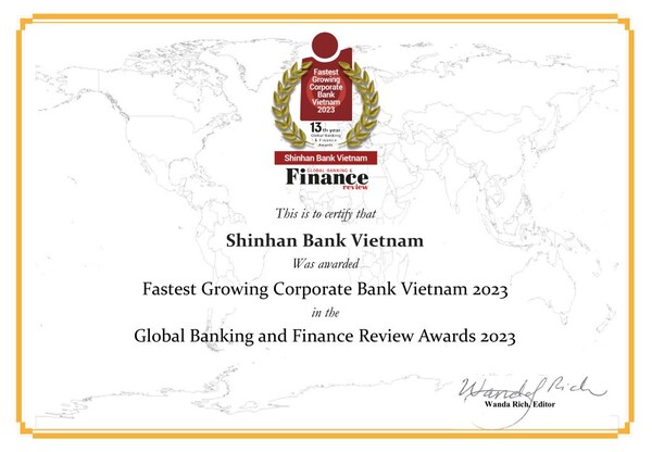신한은행은 베트남 현지법인 자회사인 신한베트남은행이 지난 23일 ‘Global Banking and Finance Review Magazine’(GBAF)으로부터 기업금융부문 ‘Fastest Growing Corporate Banking Vietnam’을 수상했다.(신한은행 제공)/그린포스트코리아