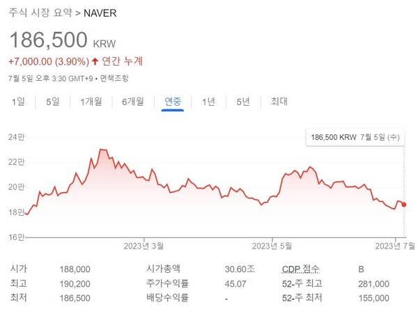 연초 이후 네이버 주가 추이. (사진=구글 갈무리)/그린포스트코리아