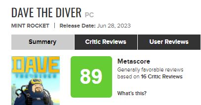 ‘데이브 더 다이버’ 메타크리틱 평점(사진=넥슨)/그린포스트코리아