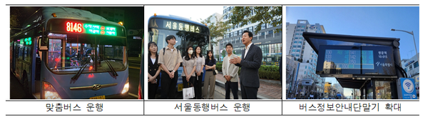 (왼쪽부터) 맞춤버스 운행, 서울동행버스 운행, 버스정보안내단말기 확대. (사진=서울시)/그린포스트코리아