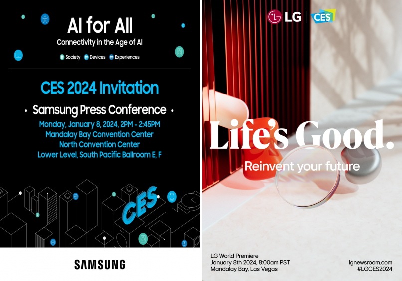 CES 2024에서 AI 기술 혁신을 중심으로 신기술과 미래 비전을 공개할 예정인 삼성전자와 LG전자. 사진은 삼성전자 프레스 컨퍼런스 초대장(왼쪽)과 LG 프레스 콘퍼런스 초대장. (사진=양사)/그린포스트코리아