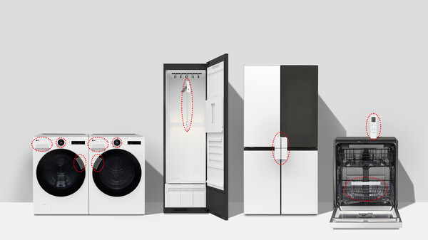 LG전자가 누구나 손쉽게 가전을 사용하도록 돕는 'LG 컴포트 키트(Comfort Kit)'를 이달 출시한다. (왼쪽부터) LG 컴포트 키트가 적용된 세탁기, 건조기, 스타일러, 냉장고, 식기세척기, 에어컨 리모컨. (사진=LG전자)/그린포스트코리아
