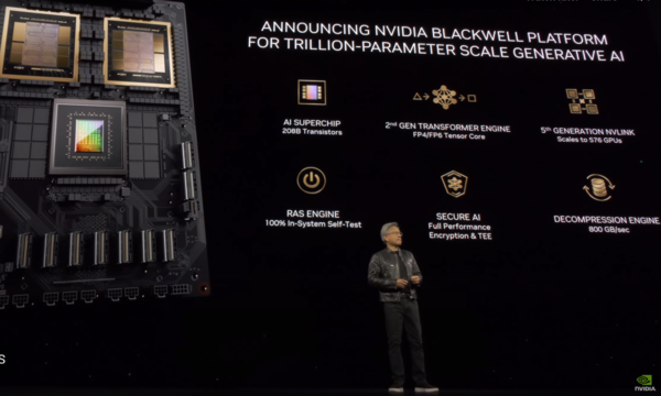 18일(현지시간) GTC 2024를 개최하고 차세대 GPU(B200) 기반의 AI 플랫폼 '블랙웰'을 공개한 엔디비아. 사진은 블랙웰 플랫폼을 소개하고 있는 젠슨 황 엔디비아 CEO. (사진=엔디비아)/그린포스트코리아
