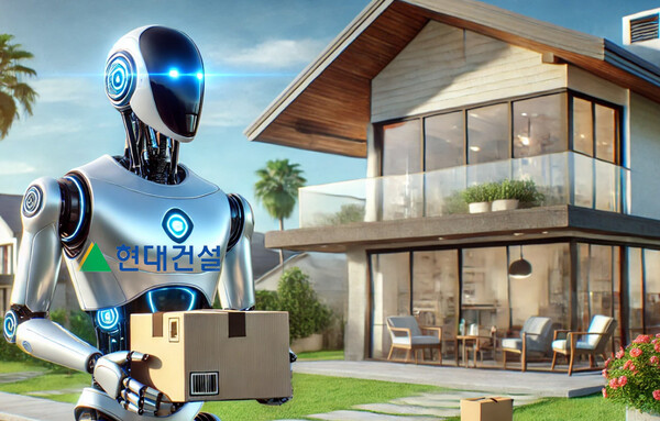 현대건설이 국내 건설사 최초로 자율주행 로봇 배송 서비스를 상용화하며 로봇 친화형 미래 주거단지 조성에 본격 나선다./이미지 = 챗 GPT, 그래픽=그린포스트코리아