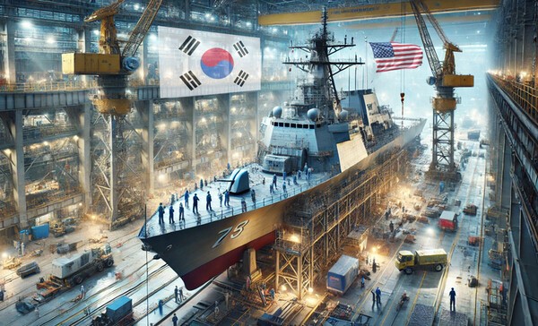 미국 의회에서 해군 함정 건조를 동맹국에 맡기는 것을 허용하는 법안이 발의돼, 한국 조선사들이 날개를 달 것으로 예상되고 있다./인공지능 이미지