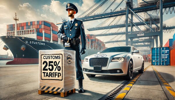 트럼프 대통령은 26일(현지시간) 내달 3일부터 미국에 수입되는 외국산 자동차에 대한 25% 관세 부과를 지시하는 내용의 행정명령에 서명했다./인공지능 생성 이미지