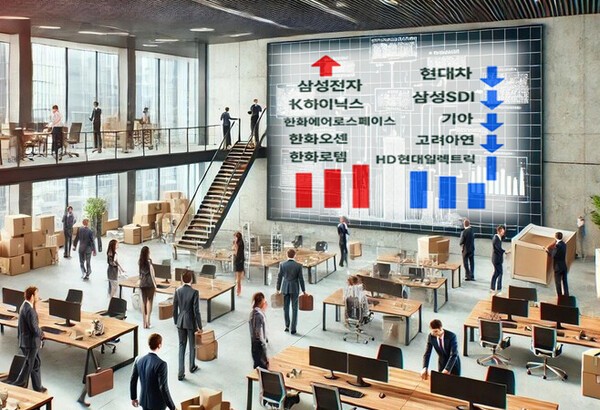 올해 1분기(1월 초 대비 3월 말 기준) 국내 상장사 주식 가격의 희비가 엇갈린 것으로 나타났다./인공지능생성이미지