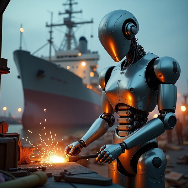 휴머노이드 로봇이 한국의 조선소에서 불꽃을 내며 용접작업을 하는 장면을 머지 않아 목격할 수 있게 될 전망이다./인공지능생성이미지