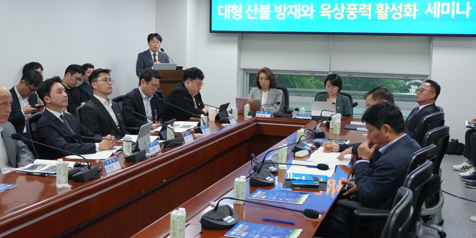 전병진 GS풍력 상무가 '육상풍력 산불 진화현장 설명'을 주제로 발표하고 있다./진경남 기자