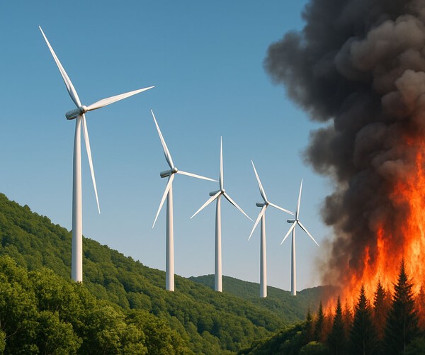 대형 산불 발생 시 육상풍력발전단지가 산불 저지선 역할을 할 수 있다는 분석이 제기되며 육상풍력의 가치가 새롭게 조명되고 있다./인공지능생성이미지