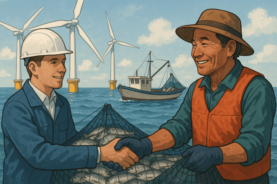 녀년 시행을 앞둔 '해상풍력특별법'을 두고 어업인을 포함한 주민수용성을 확보할 수 있는 방안을 마련해야 한다는 지적이 나오고 있다./인공지능 이미지 생성