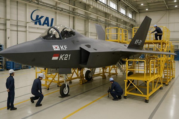 한국항공우주산업(KAI)이 국내 독자 개발 초음속 전투기 KF-21의 양산 1호기 최종 조립에 본격 돌입했다./인공지능생성이미지