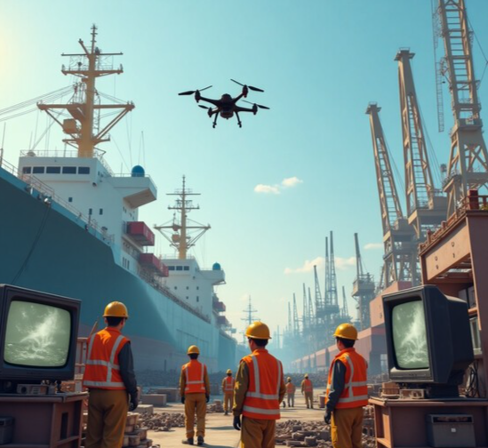 삼성중공업이 조선업계 최초로 인공지능(AI)과 드론을 활용한 ‘통합관제센터’를 23일 공식 가동하며 스마트 조선소 완성에 한발 다가섰다./인공지능생성이미지