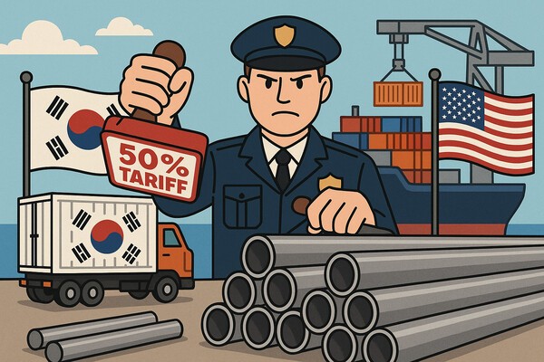 도날드 트럼프 미국 대통령이 4일(현지시간) 미국으로 수입되는 외국산 철강·알루미늄 제품에 대해 관세 50% 인상을 발효하면서 한국 철강업계가 생존을 건 변화의 기로에 섰다./인공지능 생성 이미지