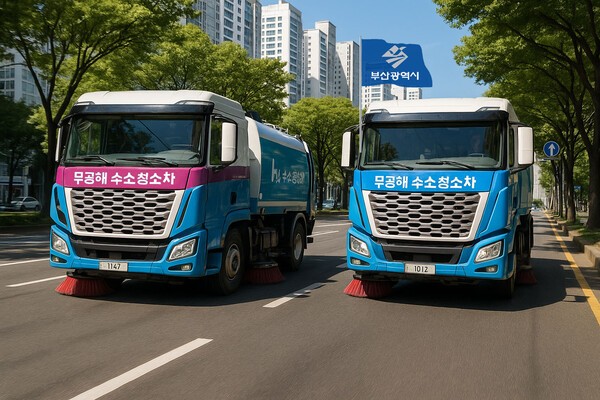 부산 광역시에 단계적으로 도입되는 현대자동차의 수소청소차./부산시 제공 사진 기반 인공지능 생성 이미지